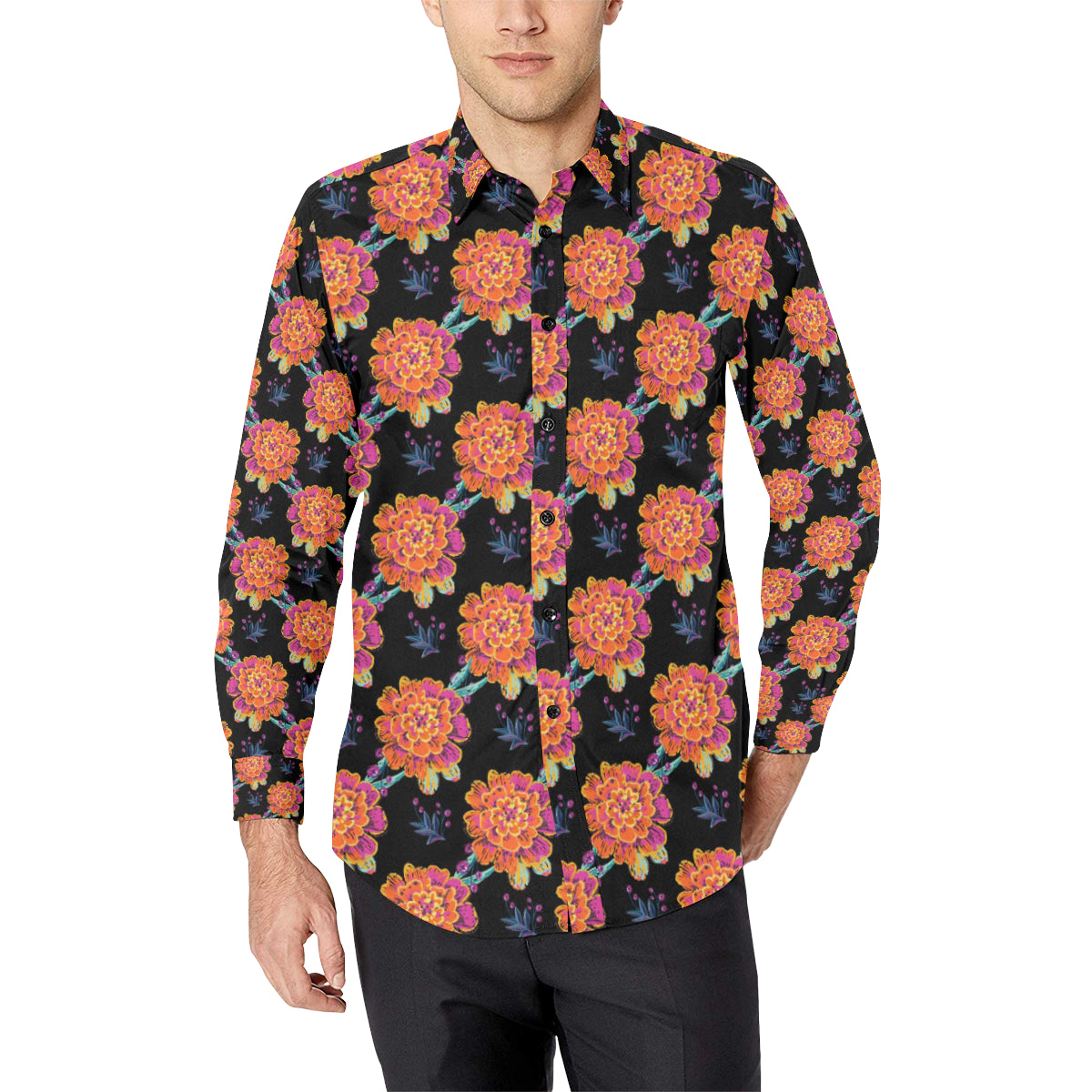 Marigold Pattern Print Design MR04 Men's Long Sleeve Shirt