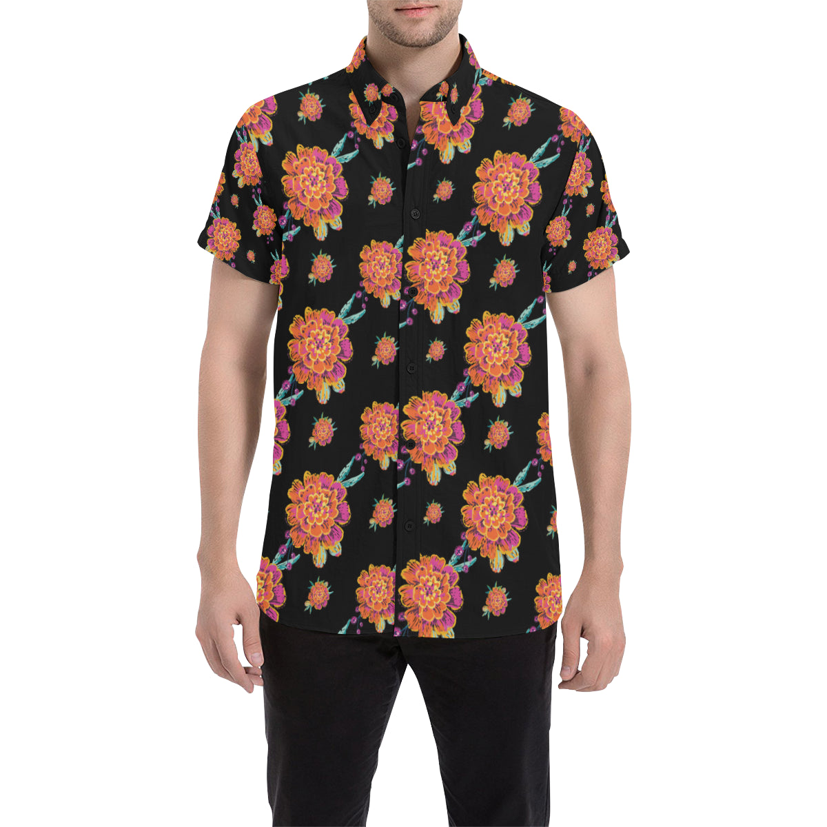 Marigold Pattern Print Design 01 Men's Short Sleeve Button Up Shirt