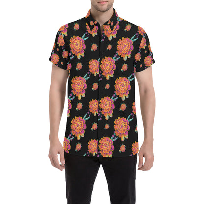 Marigold Pattern Print Design 01 Men's Short Sleeve Button Up Shirt