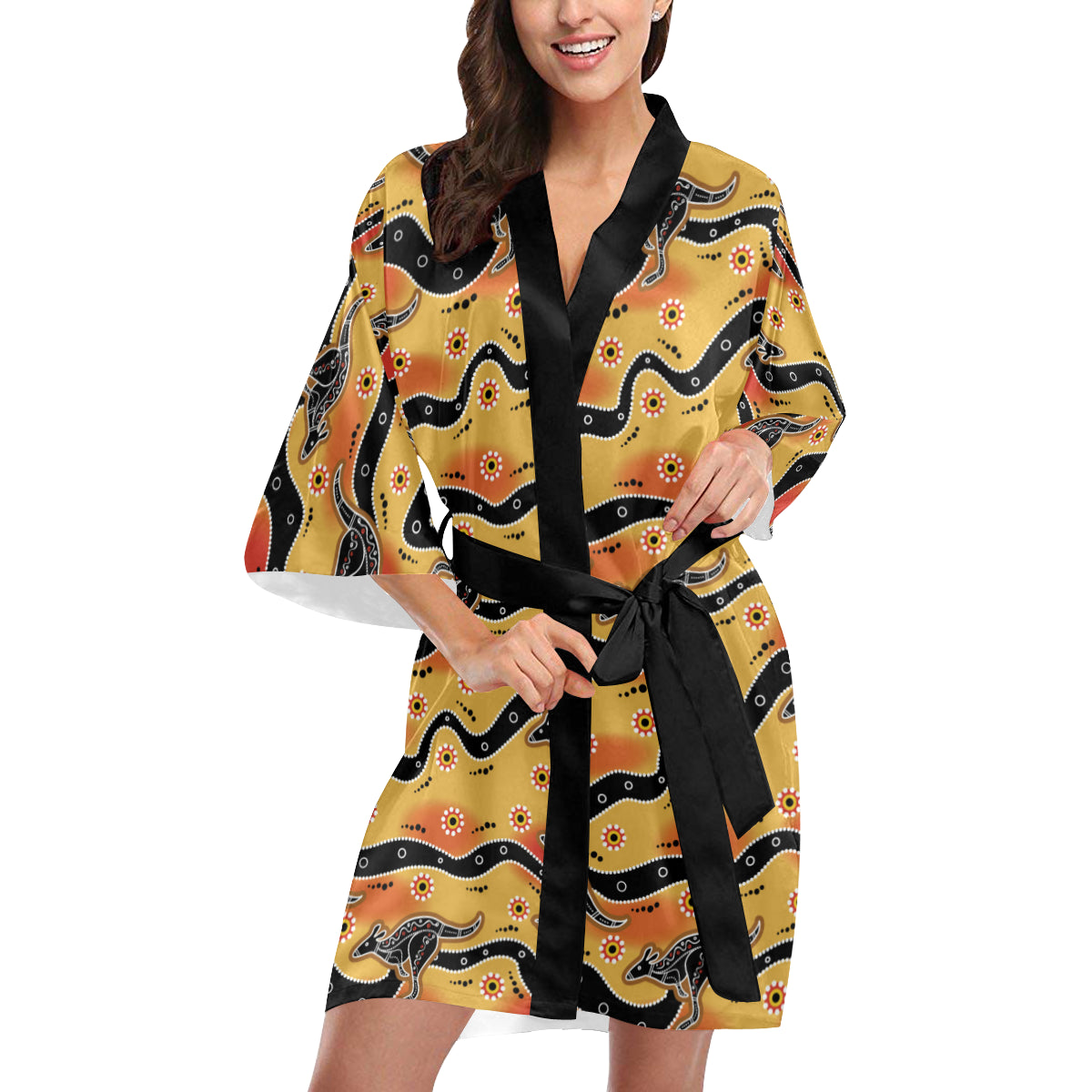 Kangaroos Aboriginal  Pattern Print Design 06 Women's Short Kimono