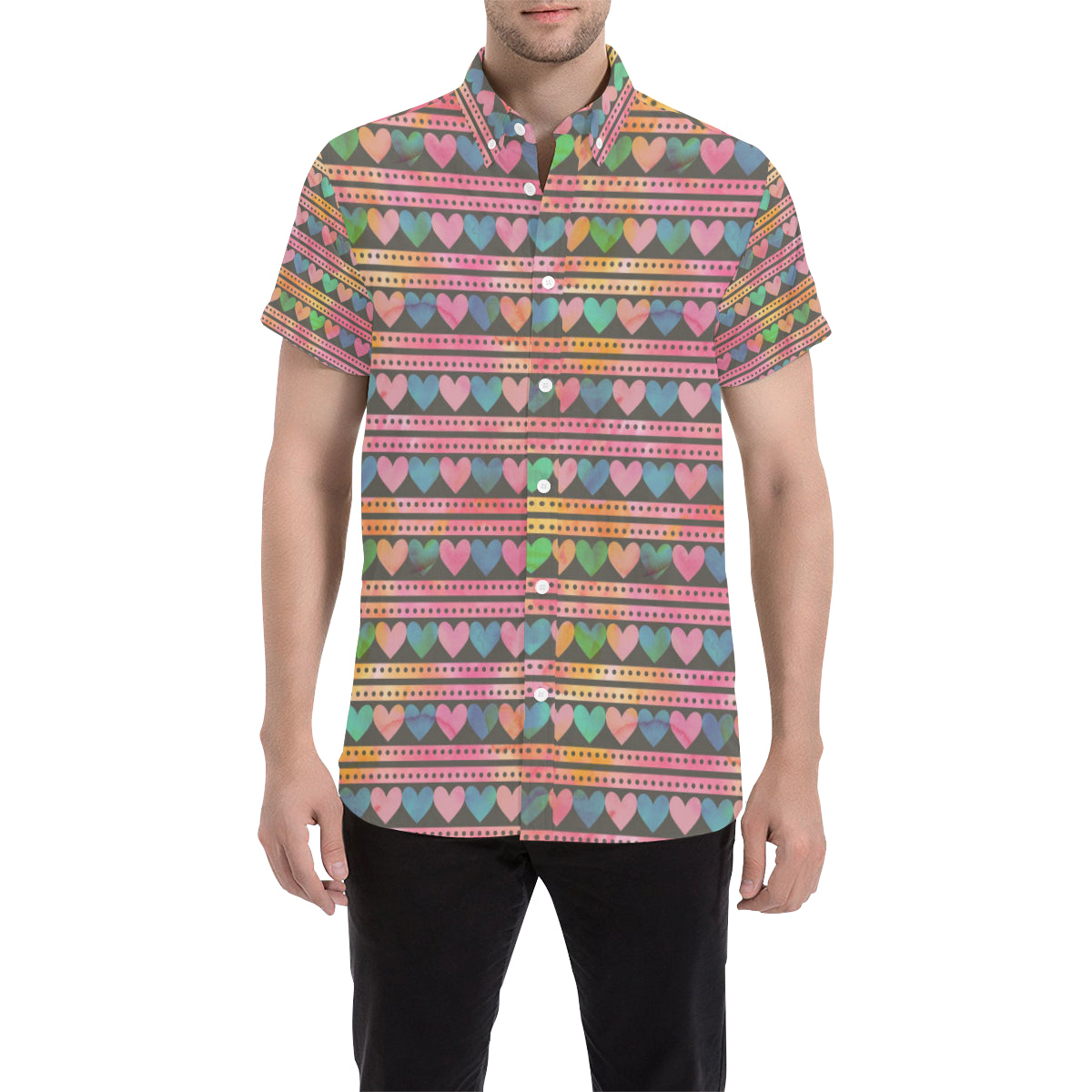 Heart Pattern Print Design HE010 Men's Short Sleeve Button Up Shirt