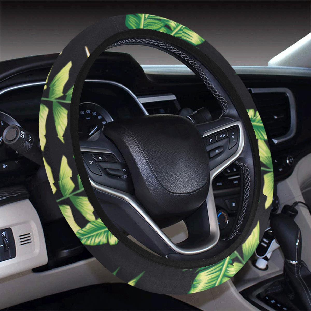 Hawaiian Flower Tropical Palm Leaves Steering Wheel Cover with Elastic Edge