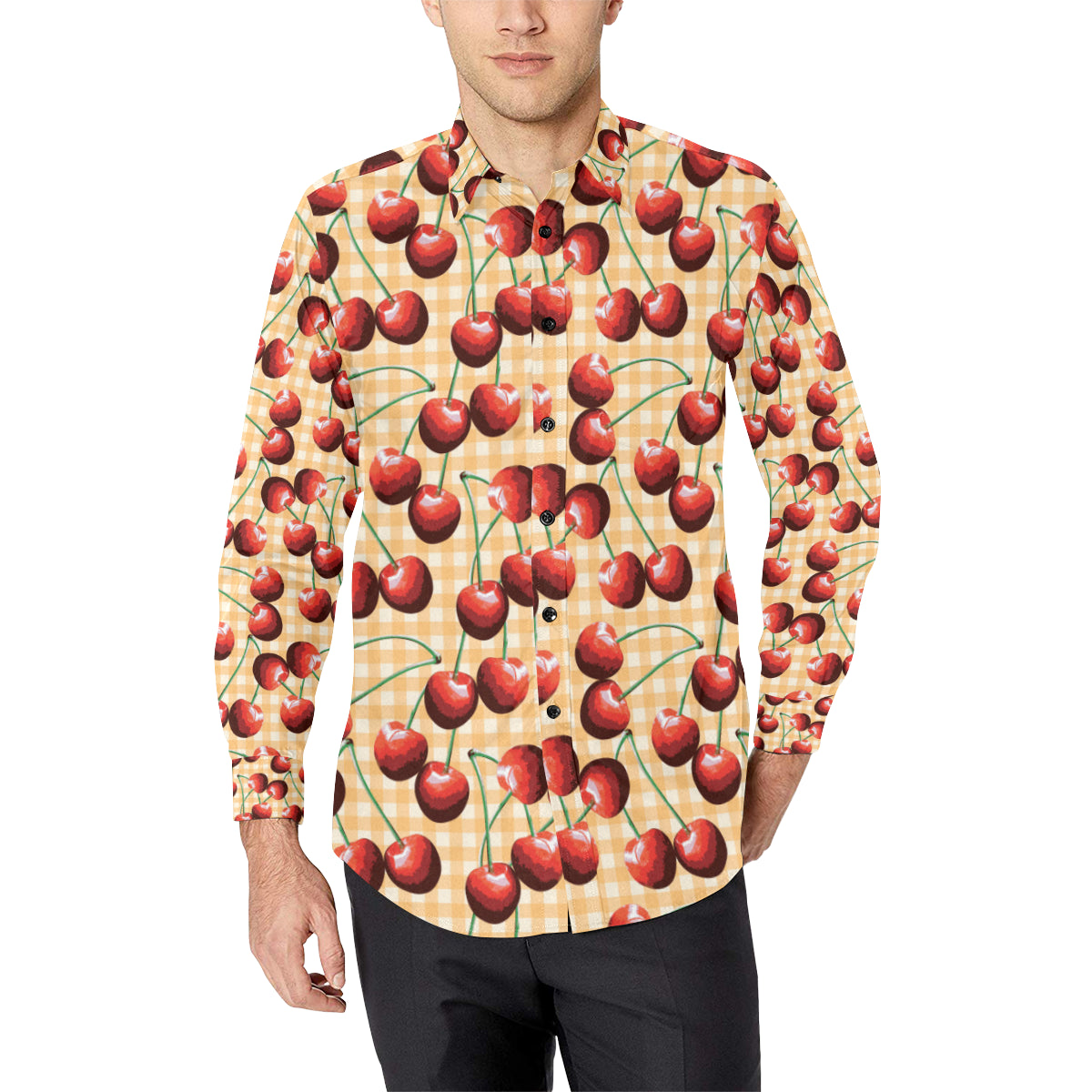 Cherry Orange Plaid Print Men's Long Sleeve Shirt
