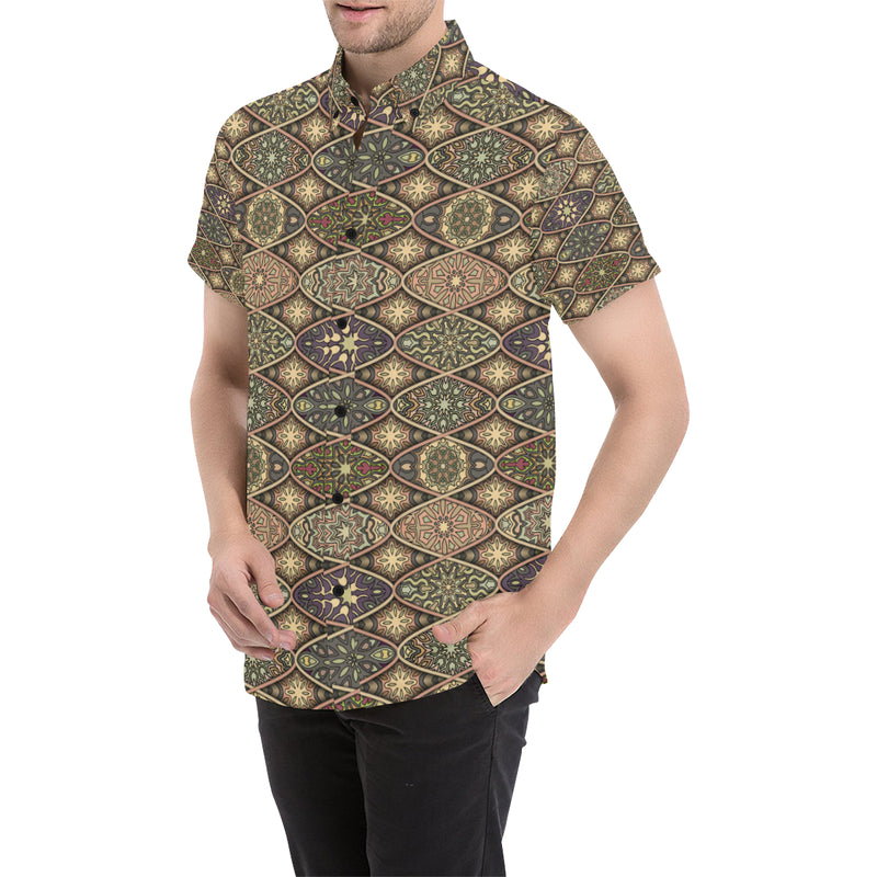 Mandala Motif Themed Design Print Men's Short Sleeve Button Up Shirt