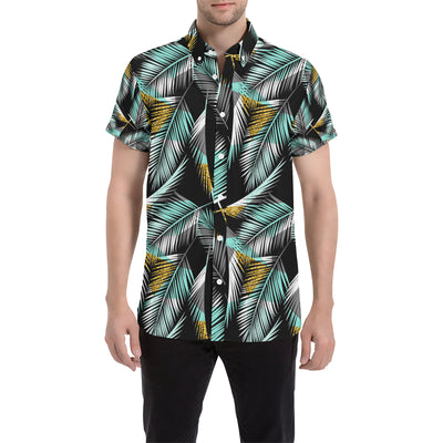 Gold Glitter Cyan Tropical Palm Leaves Men's Short Sleeve Button Up Shirt