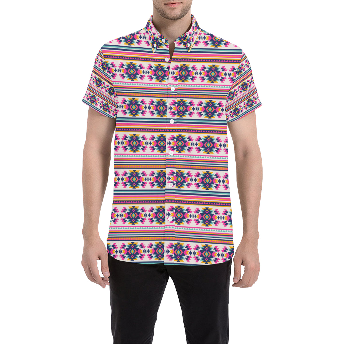 Indian Navajo Neon Themed Design Print Men's Short Sleeve Button Up Shirt