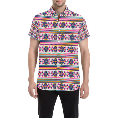 Indian Navajo Neon Themed Design Print Men's Short Sleeve Button Up Shirt