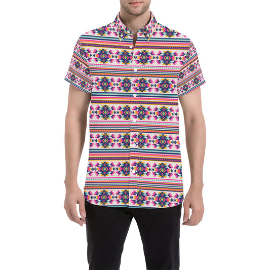 Indian Navajo Neon Themed Design Print Men's Short Sleeve Button Up Shirt