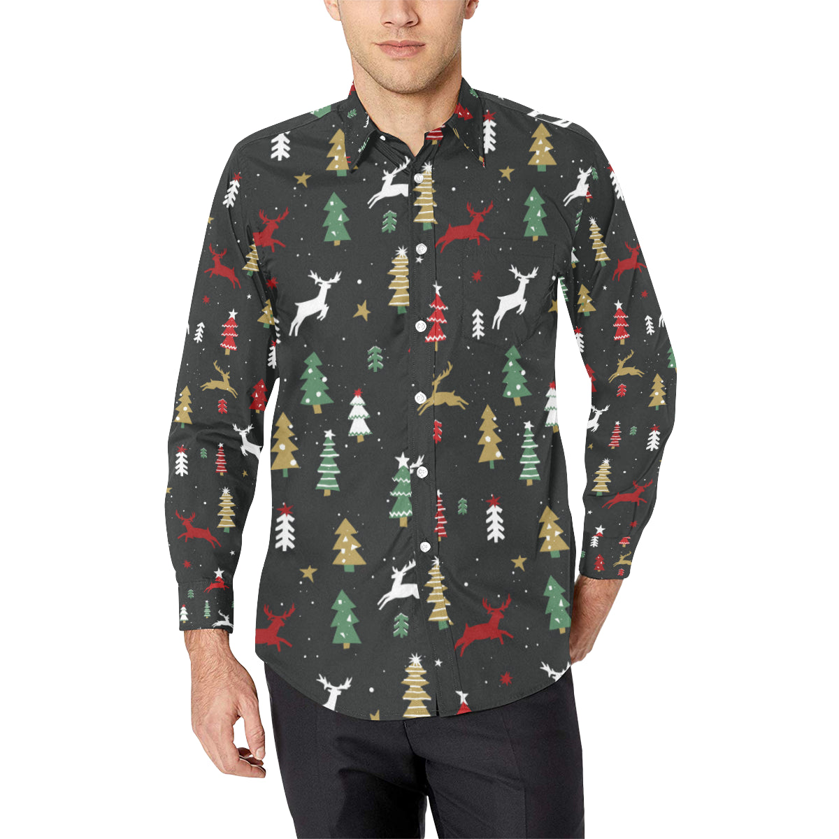 Christmas Tree Deer Style Pattern Print Design 03 Men's Long Sleeve Shirt