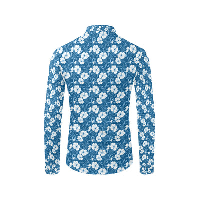 Hibiscus Blue Flower Hawaiian Print Men's Long Sleeve Shirt