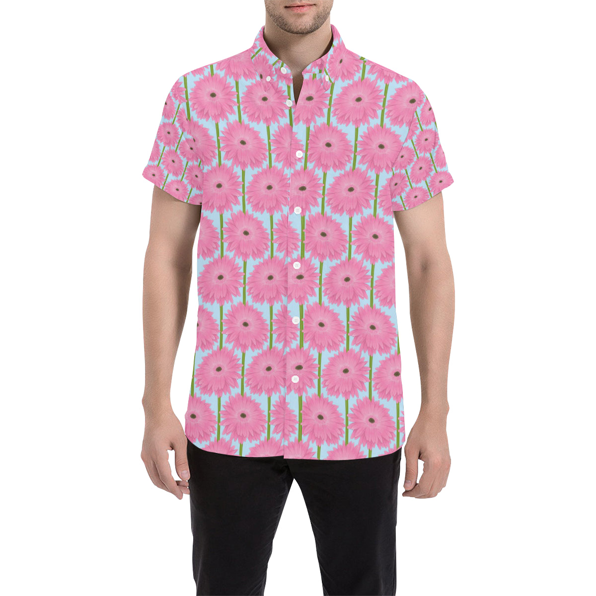 Gerberas Pattern Print Design GB01 Men's Short Sleeve Button Up Shirt