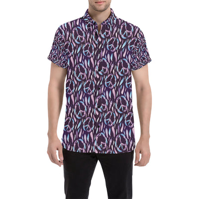 Peace Sign Feather Design Print Men's Short Sleeve Button Up Shirt