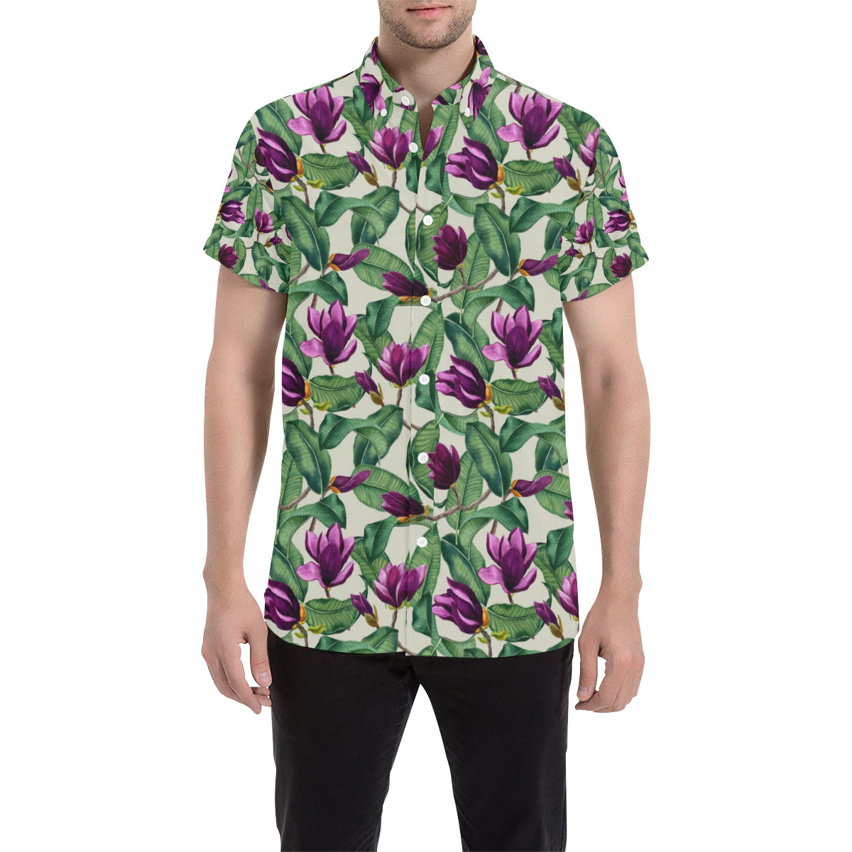 Magnolia Pattern Print Design MAG07 Men's Short Sleeve Button Up Shirt