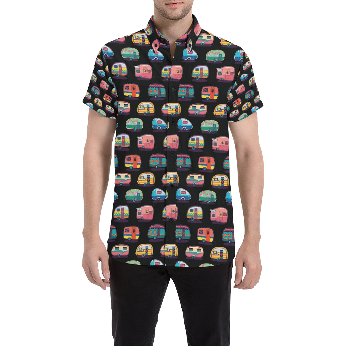 Camper Camping Pattern Men's Short Sleeve Button Up Shirt
