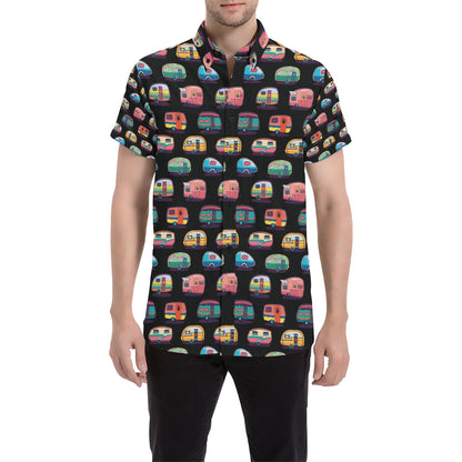 Camper Camping Pattern Men's Short Sleeve Button Up Shirt
