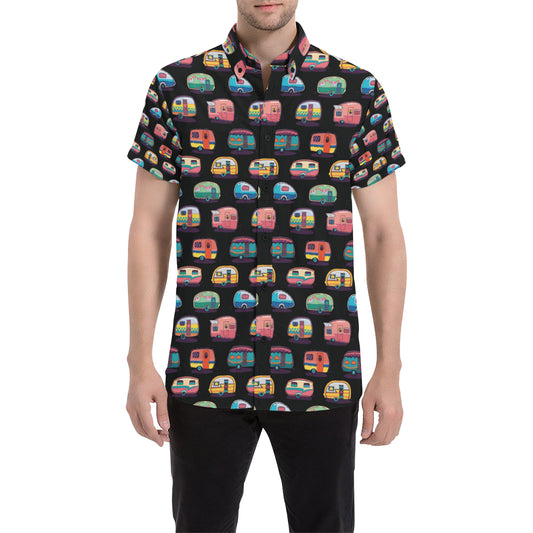 Camper Camping Pattern Men's Short Sleeve Button Up Shirt