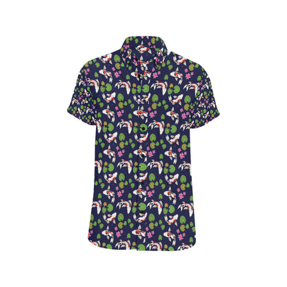 Koi Carp Pattern Design Themed Print Men's Short Sleeve Button Up Shirt