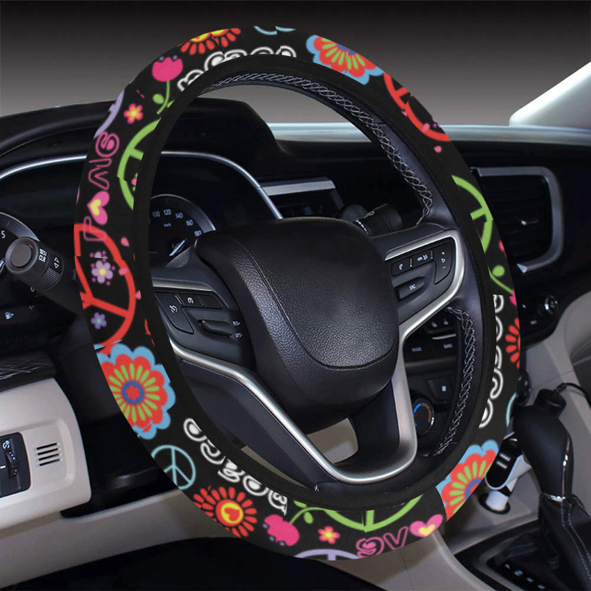 Peace Sign Colorful Design Print Steering Wheel Cover with Elastic Edge