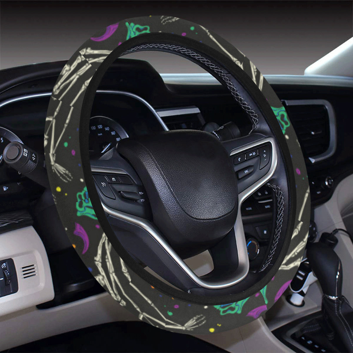 Dinosaur Skull Color Print Pattern Steering Wheel Cover with Elastic Edge