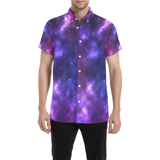 Celestial Purple Blue Galaxy Men's Short Sleeve Button Up Shirt