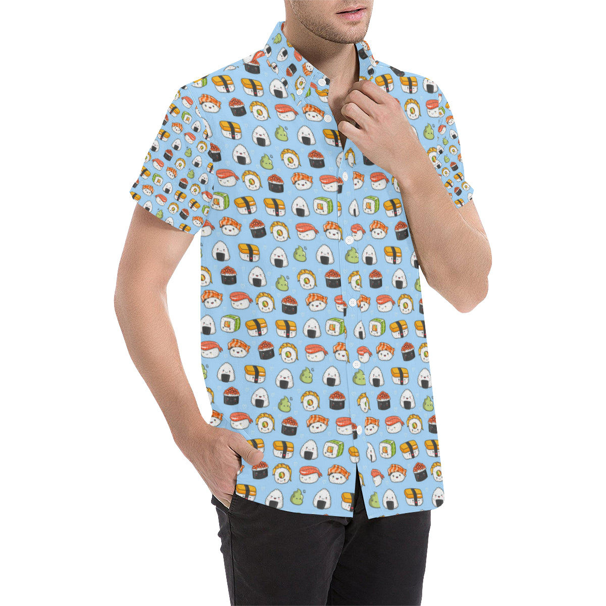 Sushi Cartoon Design Men's Short Sleeve Button Up Shirt