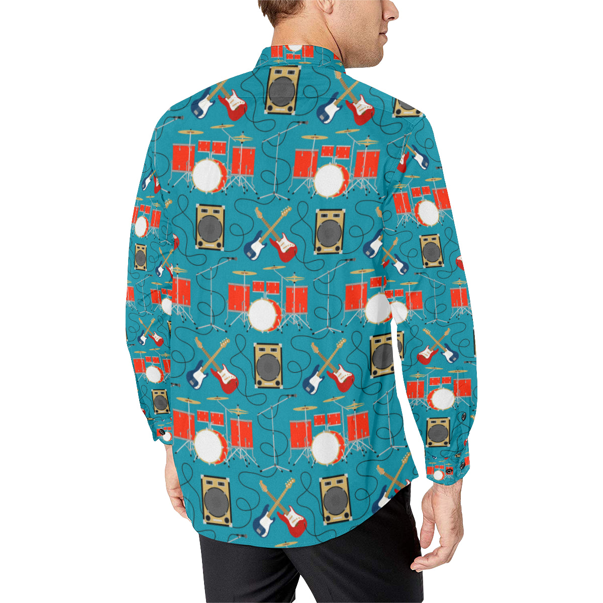 Drum Set Guitar Pattern Print Design 02 Men's Long Sleeve Shirt