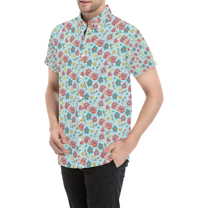 Crochet Pattern Print Design 01 Men's Short Sleeve Button Up Shirt