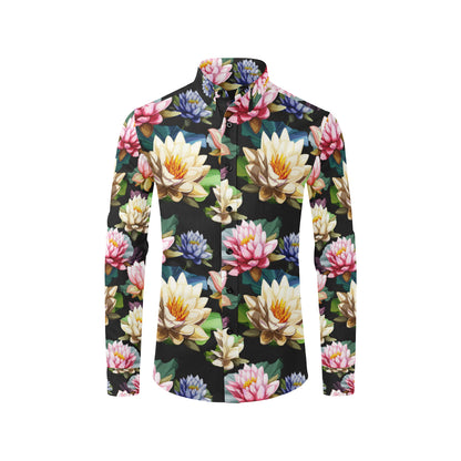 Water Lily Pattern Print Design WL02 Men's Long Sleeve Shirt
