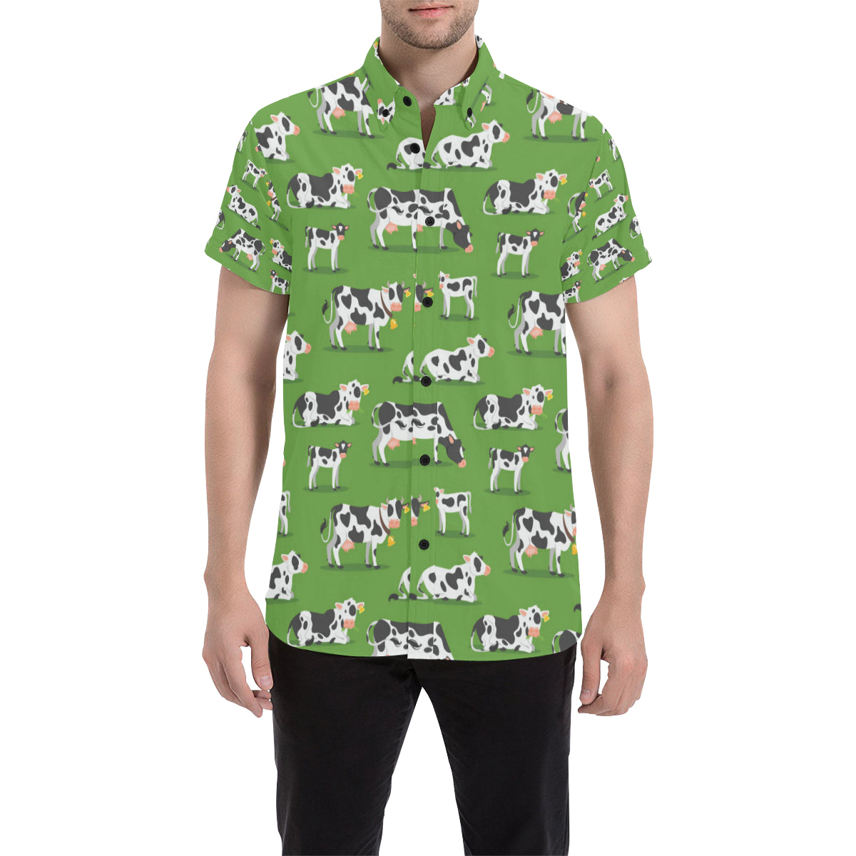 Cow Happy Print Pattern Men's Short Sleeve Button Up Shirt