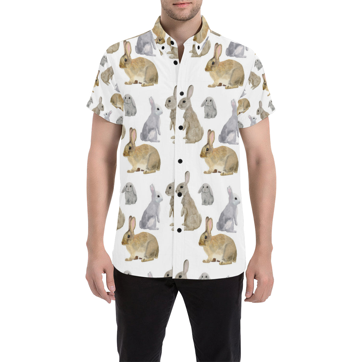 Rabbit Pattern Print Design 02 Men's Short Sleeve Button Up Shirt