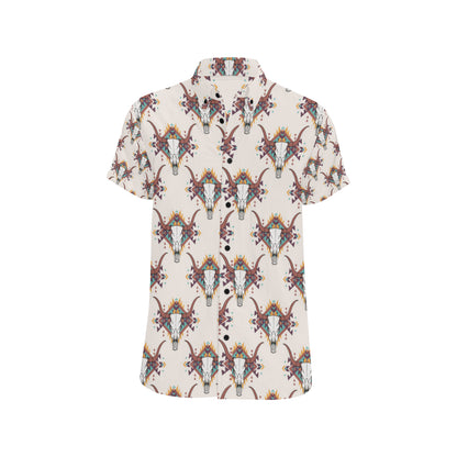 Buffalo Head Pattern Print Design 02 Men's Short Sleeve Button Up Shirt