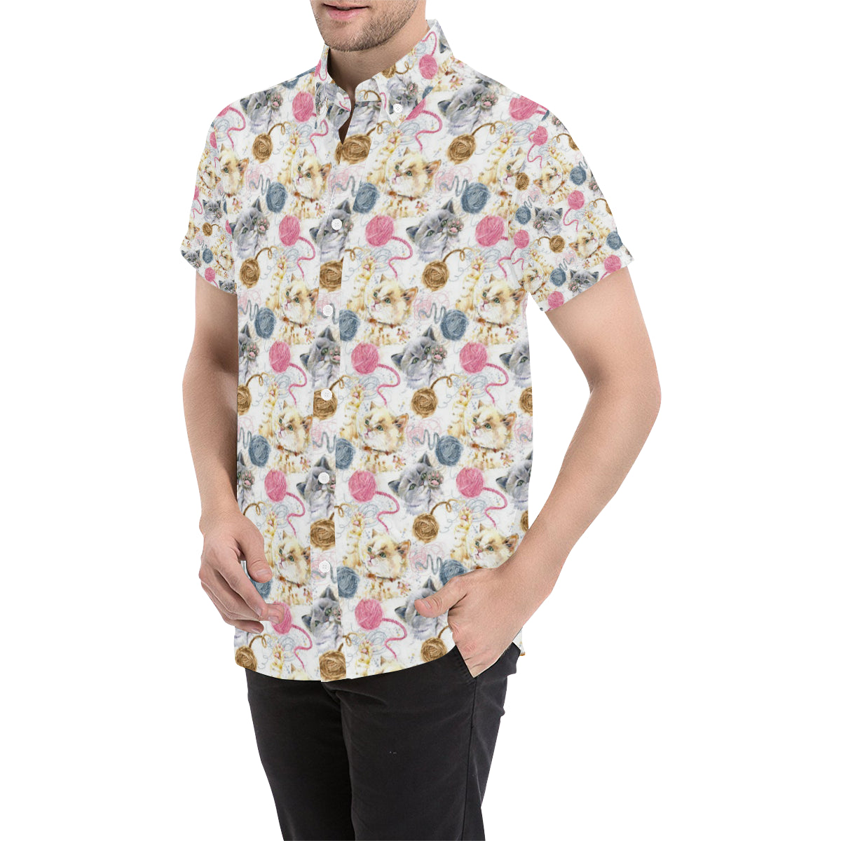 Cat Playing Yarn Pattern Print Design 07 Men's Short Sleeve Button Up Shirt