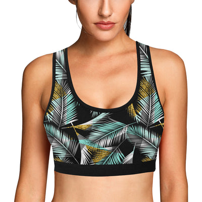 Gold Glitter Cyan Tropical Palm Leaves Sports Bra