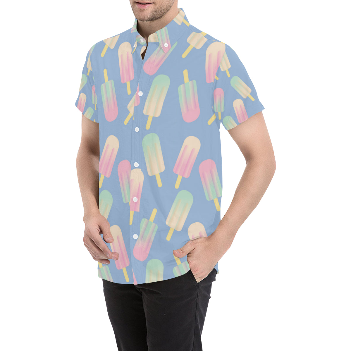 Ice Cream Pattern Print Design 05 Men's Short Sleeve Button Up Shirt