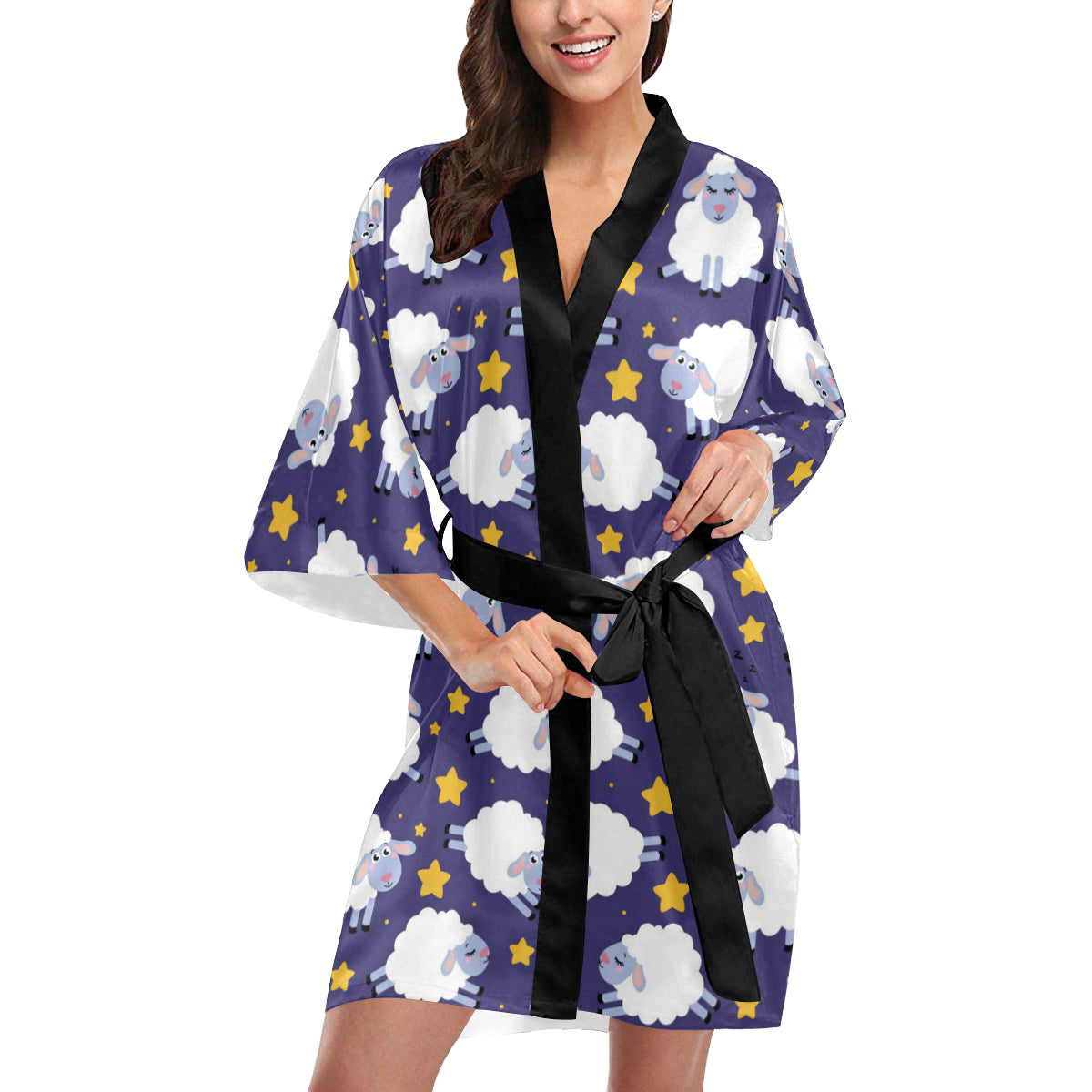 Sheep Pattern Print Design 03 Women's Short Kimono