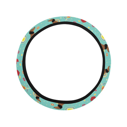 Dachshund with Floral Print Pattern Steering Wheel Cover with Elastic Edge