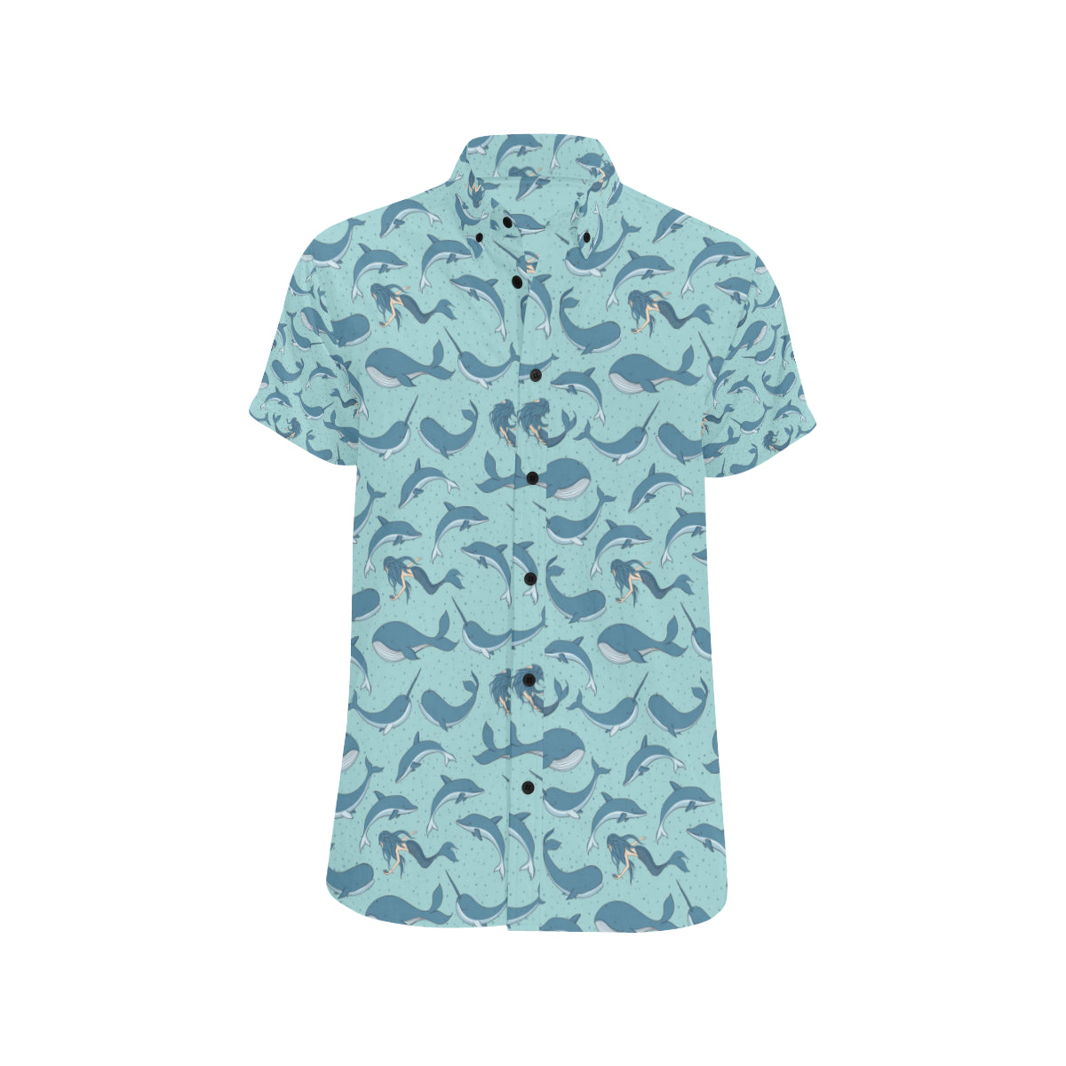 Narwhal Themed Print Men's Short Sleeve Button Up Shirt