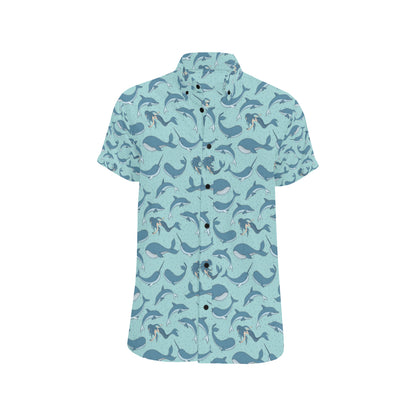 Narwhal Themed Print Men's Short Sleeve Button Up Shirt
