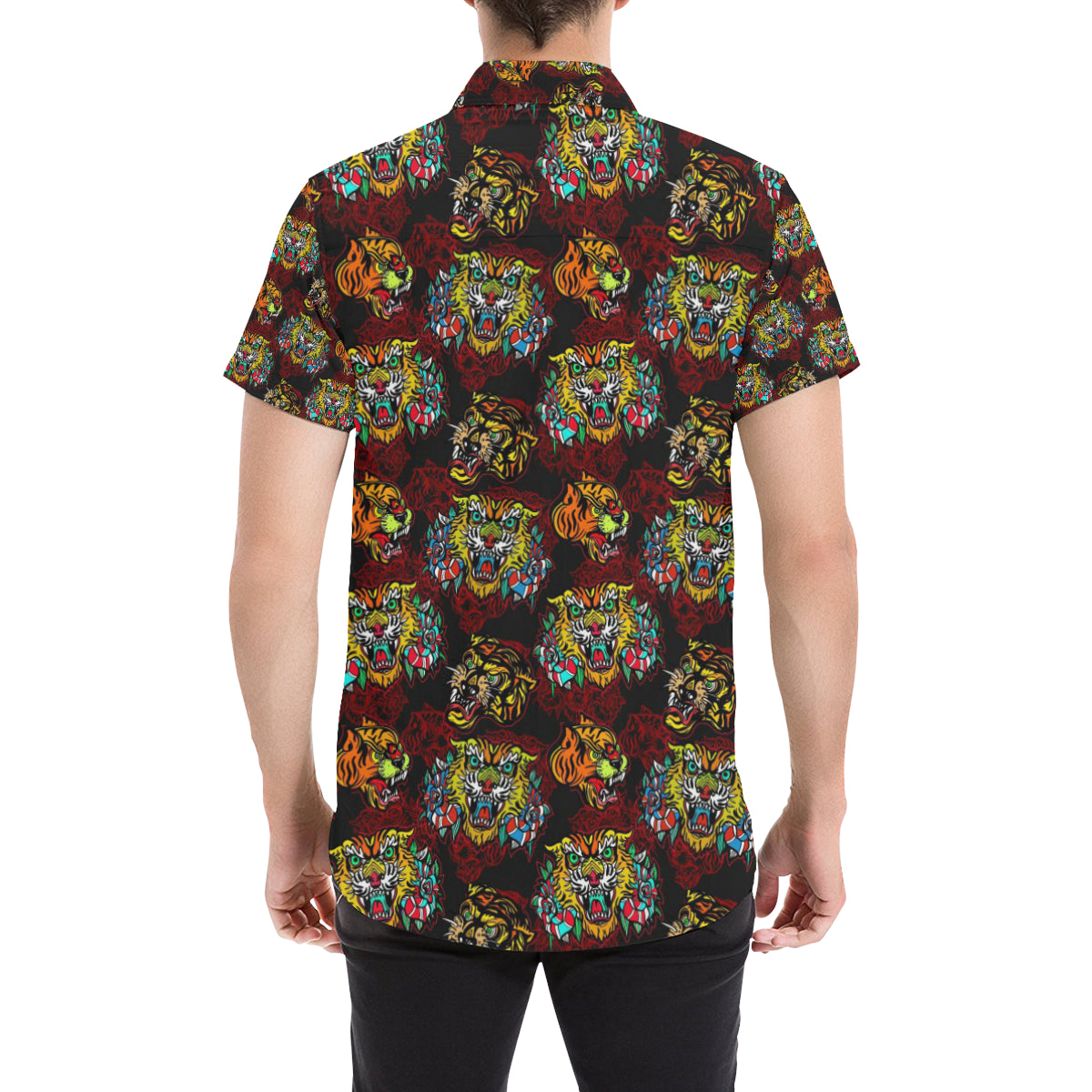 Tattoo Tiger Colorful Design Men's Short Sleeve Button Up Shirt