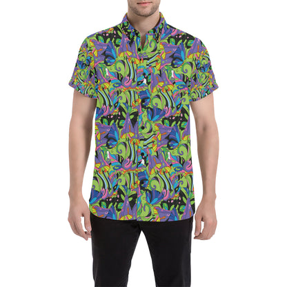 Psychedelic Trippy Mushroom Themed Men's Short Sleeve Button Up Shirt