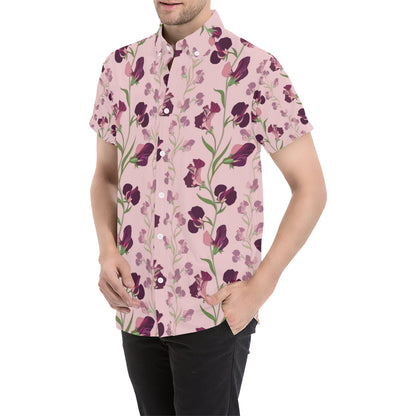Peony Pattern Print Design PE09 Men's Short Sleeve Button Up Shirt