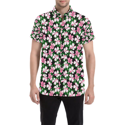 Hibiscus Pink Flower Hawaiian Print Men's Short Sleeve Button Up Shirt