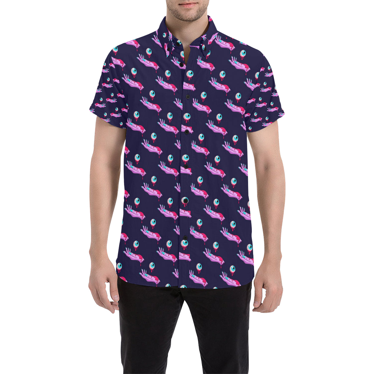 Zombie Pink Hand Design Pattern Print Men's Short Sleeve Button Up Shirt