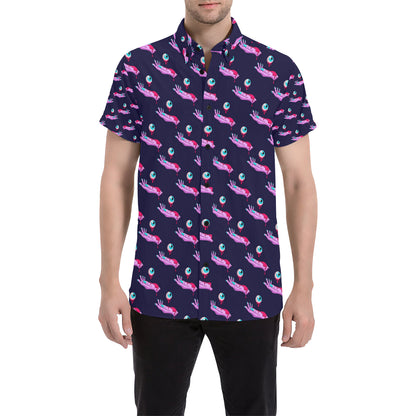 Zombie Pink Hand Design Pattern Print Men's Short Sleeve Button Up Shirt