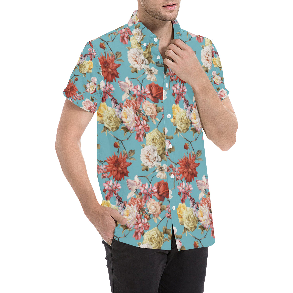 Summer Floral Pattern Print Design SF05 Men's Short Sleeve Button Up Shirt