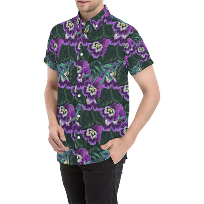 Pansy Pattern Print Design PS07 Men's Short Sleeve Button Up Shirt
