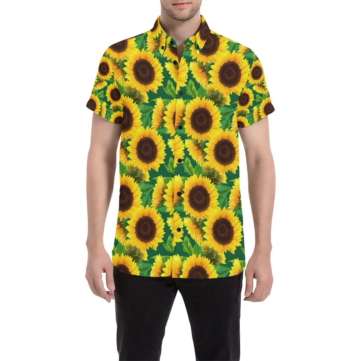 Sunflower Pattern Print Design SF02 Men's Short Sleeve Button Up Shirt