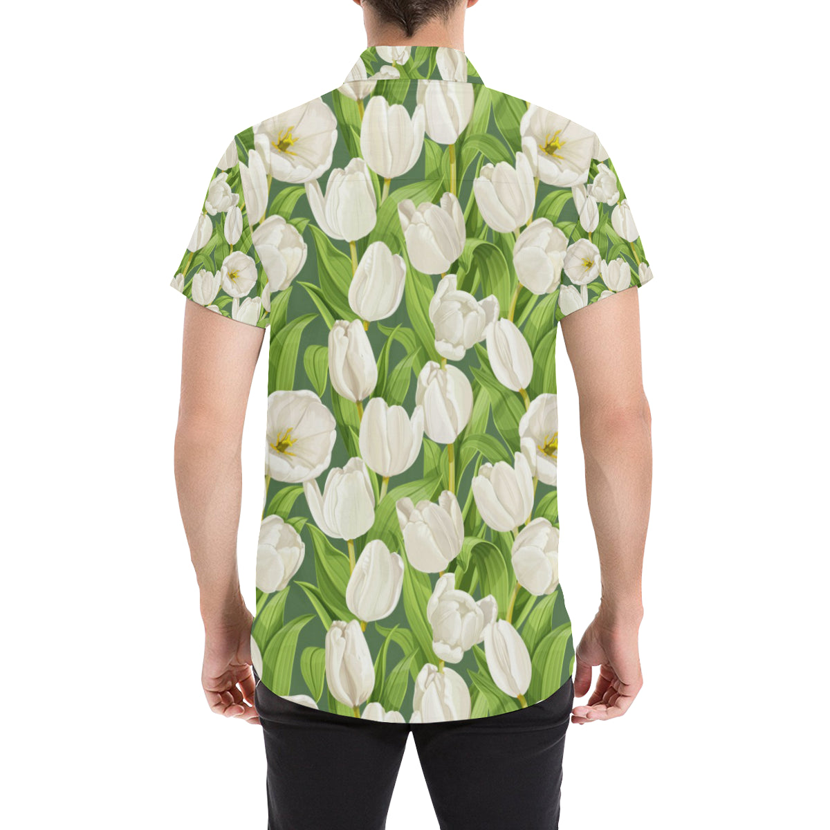 Tulip White Pattern Print Design TP05 Men's Short Sleeve Button Up Shirt