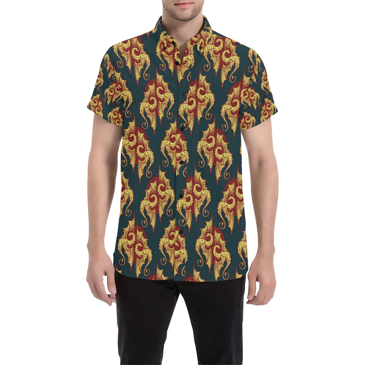 Dragons Gold Design Pattern Men's Short Sleeve Button Up Shirt