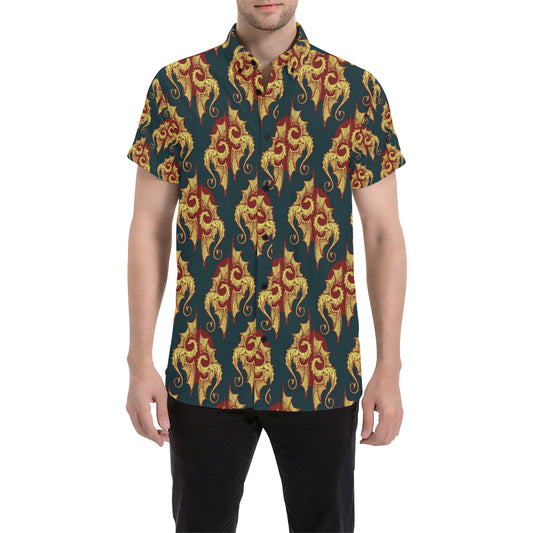 Dragons Gold Design Pattern Men's Short Sleeve Button Up Shirt